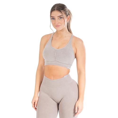 SMILODOX Damen Sport BH Batik Scrunch geeignet für Gym, Fittness, Laufen, Größe:L, Color:Hellbraun von SMILODOX