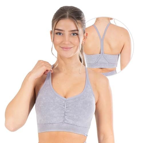 SMILODOX Sport BH Damen - Batik Acid Scrunch Sport Bra - Blickdicht rutschfest Crop Top - Schöner Rückenausschnitt - Atmungsaktive Tank Top für Yoga Fitness Gym, Größe:S, Color:Grau von SMILODOX