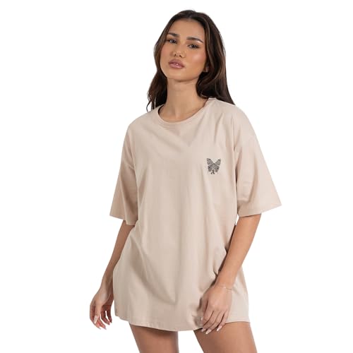 SMILODOX Damen T-Shirt Payton - Oversize Fit Kurzarm Oberteil mit Rundhals, Größe:M, Color:Hellbraun von SMILODOX