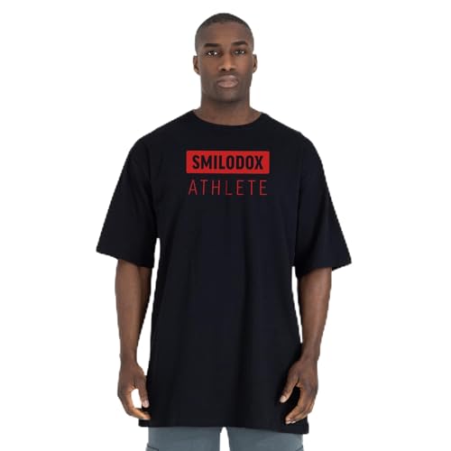 SMILODOX Herren Oversize T-Shirt Athlete - Weit geschnittenes Kurzarm Oberteil extra lang mit Rundhals aus 100% Baumwolle lang geschnitten Marken Tshirt, Größe:S, Color:Schwarz von SMILODOX