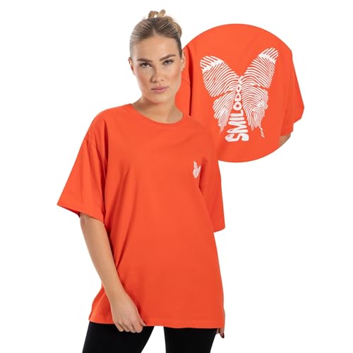 SMILODOX Oversize T-Shirt Damen Payton, Locker geschnittenes Baumwollshirt mit auffälligem Butterfly-Print, Lässiges Gym- und Freizeitshirt mit Komfort-Fit und modischem Statement-Rückenprint von SMILODOX