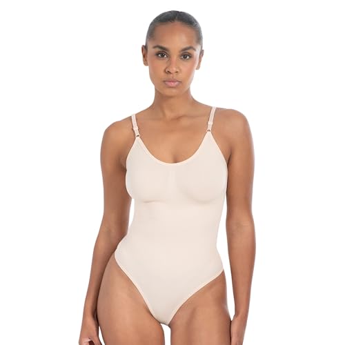 SMILODOX Shapewear Damen Nysa, Bauchweg Bodysuit, Formender Formbody für Frauen, atmungsaktives Materialien mit Verstellbarer Trägern, Stringbody mit schönem Rückenausschnitt, Eleganter V-Ausschnitt von SMILODOX