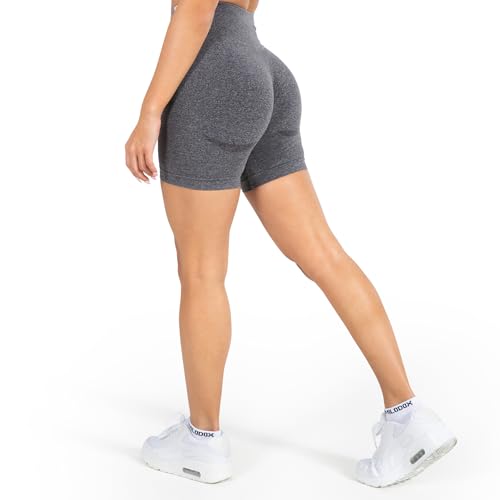 SMILODOX Sport Shorts Damen Amaze Pro, Seamless Blickdichte Radlerhose, Unsichtbarer Scrunch-Effekt, V-Shape High Waist Kurze Sporthose Biker Shorts Yoga Fitness Gym, Größe:S, Color:Anthrazit Melange von SMILODOX
