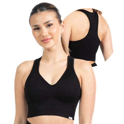 SMILODOX Sport BH Damen Amaze Pro - Blickdicht rutschfest Sport Bra - Seamless Gerippter Stoff Crop Top - Atmungsaktive Yoga Tank Top für Fitness & Gym, Größe:M, Color:Schwarz von SMILODOX