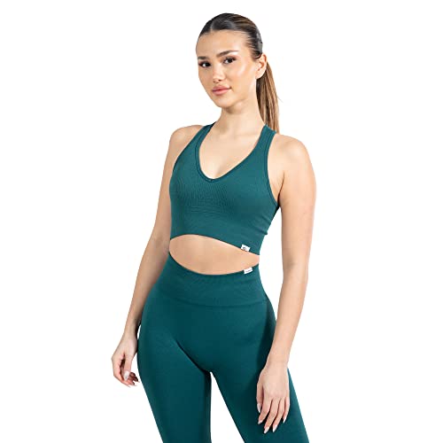 SMILODOX Sport BH Damen Amaze Pro - Blickdicht rutschfest Sport Bra - Seamless Gerippter Stoff Crop Top - Atmungsaktive Yoga Tank Top für Fitness & Gym, Größe:XL, Color:Dunkelgrün von SMILODOX