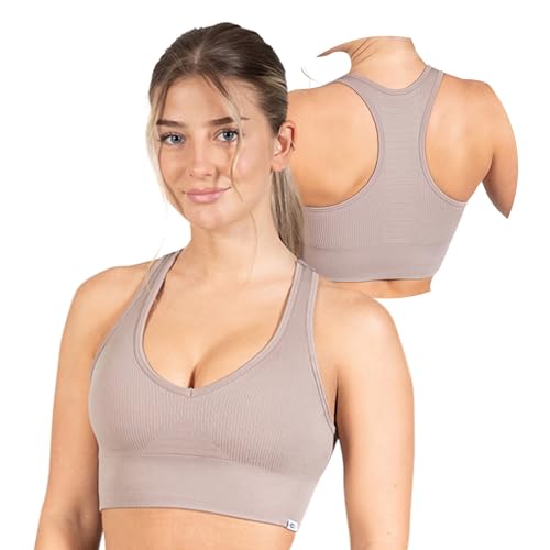 SMILODOX Sport BH Damen Amaze Pro - Blickdicht rutschfest Sport Bra - Seamless Gerippter Stoff Crop Top - Atmungsaktive Yoga Tank Top für Fitness & Gym, Größe:XS, Color:Taupe von SMILODOX