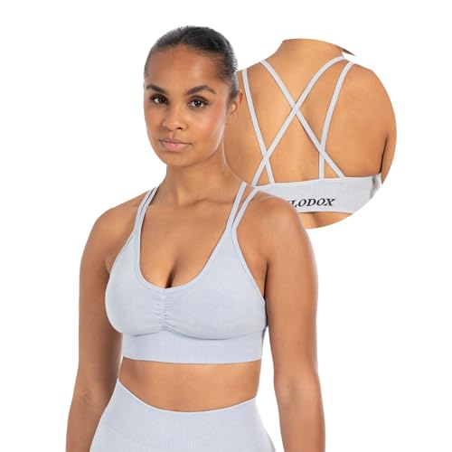 SMILODOX Sport BH Damen - Batik Acid Cross Scrunch Bra - V-Ausschnitt mit Scrunchnaht - Fester Halt - Herausnehmbare Cups - Elastisches Material - Schöner Rückenausschnitt - Ideal für Fitness Yoga von SMILODOX