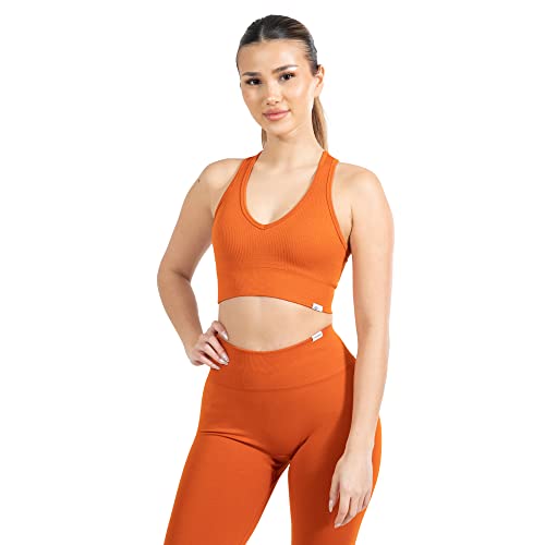 SMILODOX Sport BH Damen Amaze Pro - Blickdicht rutschfest Sport Bra - Seamless Gerippter Stoff Crop Top - Atmungsaktive Yoga Tank Top für Fitness & Gym, Größe:XS, Color:Orange von SMILODOX