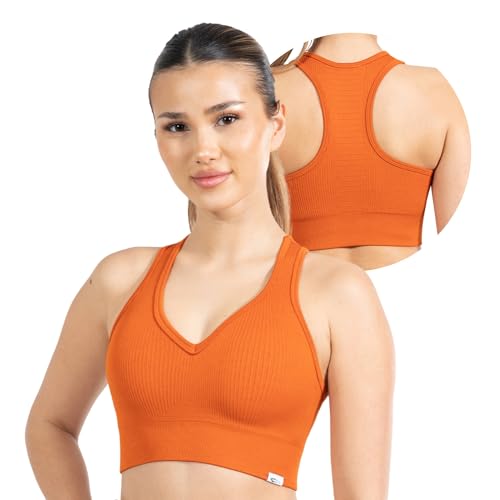 SMILODOX Sport BH Damen Amaze Pro - Blickdicht rutschfest Sport Bra - Seamless Gerippter Stoff Crop Top - Atmungsaktive Yoga Tank Top für Fitness & Gym, Größe:XS, Color:Orange von SMILODOX