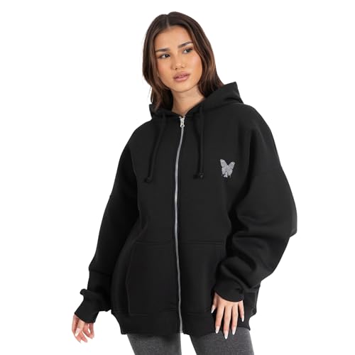 SMILODOX Zip Hoodie Payton - Oversize Fit Damen Sweatshirt, Weiche Baumwollmischung, Komfort & Stil für den Alltag, Schwarz & Weiß, Größe:M, Color:Schwarz von SMILODOX