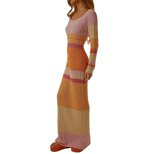 Damen Ausschnitt Bodycon Strickkleider Langarm Gestreift Cover Up Häkeln Aushöhlen Maxikleid Strandkleid Urlaub, Rosa / Orange, M von SMIMGO