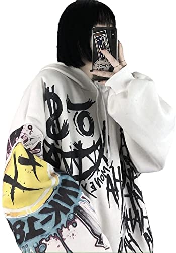 Damen Gothic Hoodies Harajuku Japanisches Sweatshirt Oversize Anime Hoodies Vintage Casual Largehip Hop Pullover Tops Streetwear (Farbe: Weiß, Größe: XXL) von SMIMGO