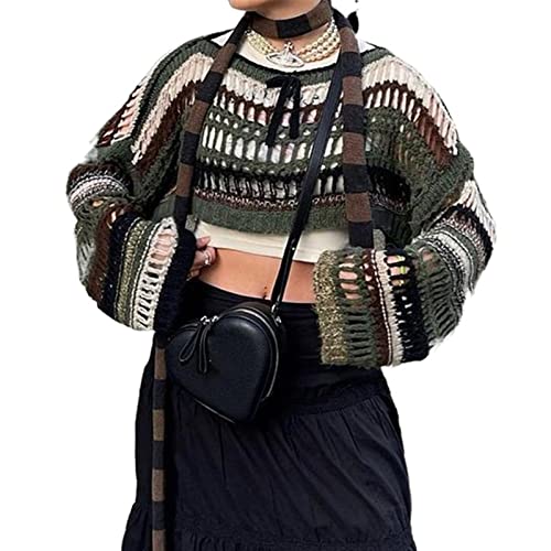 SMIMGO Damen-Häkelpullover, Y2K, Crop-Top mit langem Arm, lockeres Sommer-Oberteil, Cover-up, Streetwear-Outfit, B-Grün, Größe L von SMIMGO