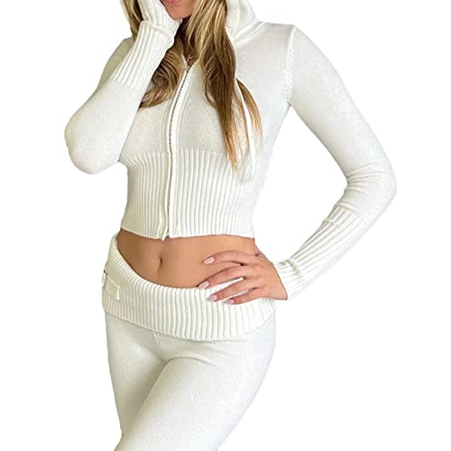 Damen Sommer Strick 2-teilige Outfits Y2K Reißverschluss Strick Crop Top Unterteil Zweiteiliges Set Trainingsanzug Loungewear Niedlich Strick Kapuzenpullover Sweatshirts mit Hose, weiß, L von SMIMGO