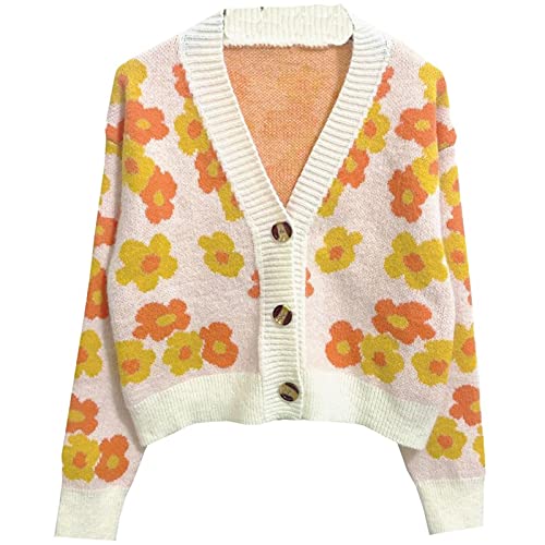 Damen Strickpullover Strickcardigan Blumen V-Ausschnitt Langarm Mädchen Süße Vintage Casual Jacke Y2k Pullover, 002-b, Einheitsgr��e von SMIMGO