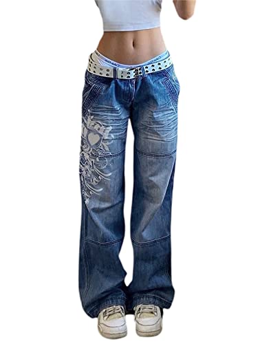 Damen Y2K High Waisted Jeans Gothic Baggy Denim Jeans Lose Punk Gerade Hose Wide Leg Jeans E-Girl Ästhetische Streetwear (Farbe: Blau, Größe: L) von SMIMGO