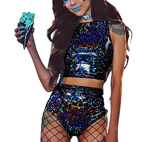 Zweiteilige Rave-Outfits für Damen, sexy holografische, reflektierende, rückenfreie Tanktops und Shorts, Set für Tanzfestival, Bikini, Rave, Festival, Party, Mode, Clubwear (Farbe: Schwarz, Größe: S) von SMIMGO