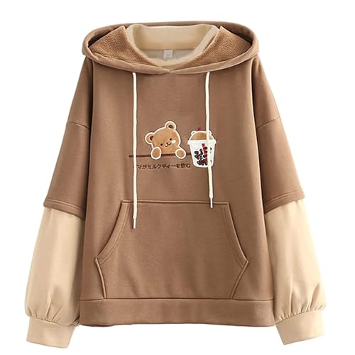 Kawaii Tier Hoodies Sweatshirt Pullover Crop Top Teen Mädchen Langarm Niedlich Bequem Bär Hoodie Pullover Freunde Dinosaurier Kleidung Outfit(Farbe: A-braun, Größe: Einheitsgröße) von SMIMGO