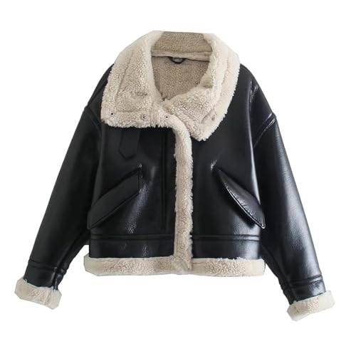 Klassische Damenjacke aus Kunstleder, PU-Jacke, schmale Passform, Kurze Jacke, Damen, stilvolle Jacke mit Reißverschluss, Kunstlederjacke, lässig, langärmelig, Wildlederimitat, Shearling-Mantel von SMIMGO