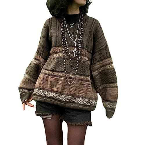 SMIMGO Argyle Plaid Y2k Strickpullover Pullover Oversized Vintage Braun V-Ausschnitt Pullover Sweater Gestrickte Ästhetische Kleidung für Frauen, coffee, L von SMIMGO