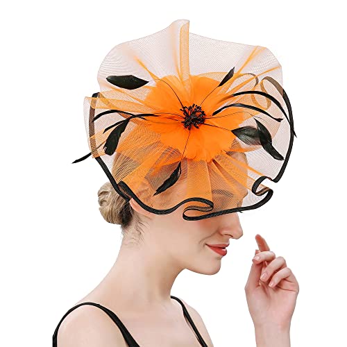 SMIMGO Damen Cocktail Hochzeit Party Kopfbedeckung, Mädchen Organza Haarspange Blumen Federn Dekorative Haarreifen Teeparty Hüte und Fascinatoren, B-Orange, Einheitsgröße von SMIMGO