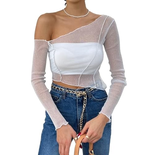 SMIMGO Damen-Häkelpullover, Y2K, Crop-Top mit langem Arm, lockeres Sommer-Oberteil, Cover-up, Streetwear-Outfit, N-Weiß, Größe S von SMIMGO