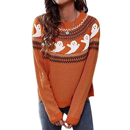 SMIMGO Frauen Halloween Strickpullover Pullover Damen Langarm Niedliches Geistermuster Pullover Strickwaren Warme Tops Sweatshirt Winter (Farbe: Orange, Größe: S) von SMIMGO