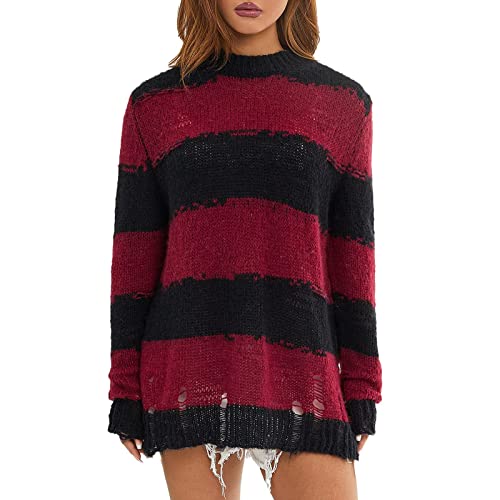 SMIMGO Goth Schwarz und Weiß Streifen Top Strickpullover Pullover Lange Übergroße Punk Rave Kleidung Übergröße Grunge Pullover (Farbe: H1, Größe: Einheitsgröße) von SMIMGO