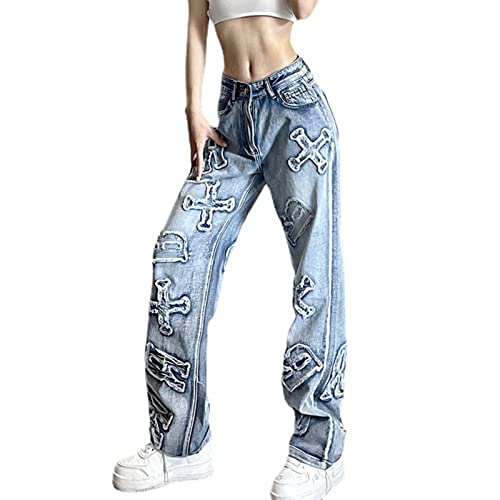 SMIMGO Y2K Damen Baggy Jeans Gothic Low Waist Denim Flare Hose Wide Straight Leg Loose Trousers Streetwear (Color : H1, Size : M) von SMIMGO