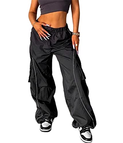 Y2k Women's Baggy Cargo Trousers, Wide Casual Look Elastic Waist Straight Lace Up Leg Side Pockets Cool Streetwear Look for Summer von SMIMGO