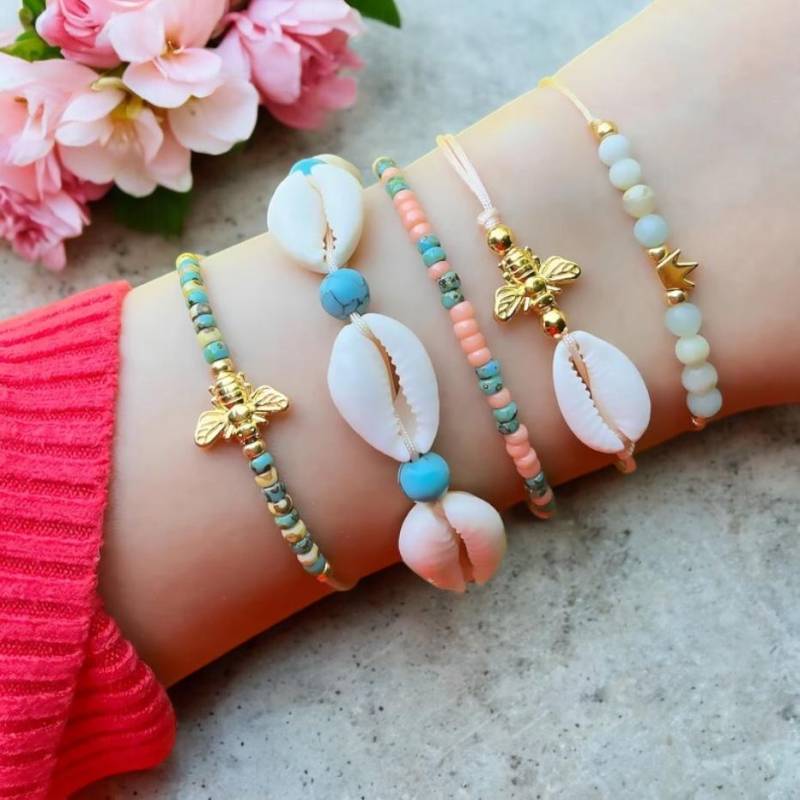 Filigranes Armband Mit Mini Glasperlen, Peach/Türkis von SMIRAccessoires