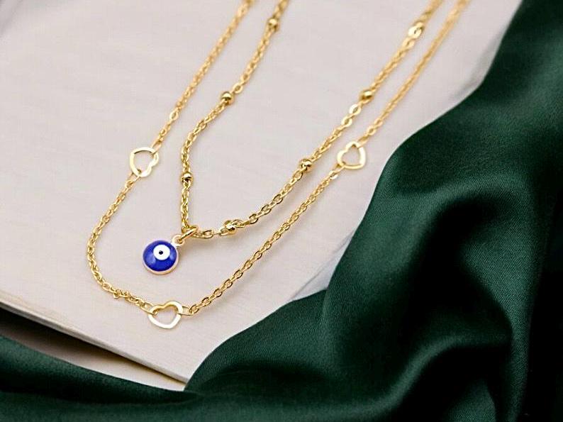 Schöne 2 Reihige Halskette Mit Nazar Anhänger, Herz-Halskette, Edelstahl von SMIRAccessoires