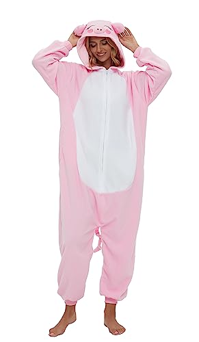 SMITHROAD Jumpsuit Tier Karton Fasching Halloween Kostüm Sleepsuit Cosplay Fleece-Overall Pyjama Schlafanzug Erwachsene Unisex Nachtwäsche Rosa Schwein M von SMITHROAD