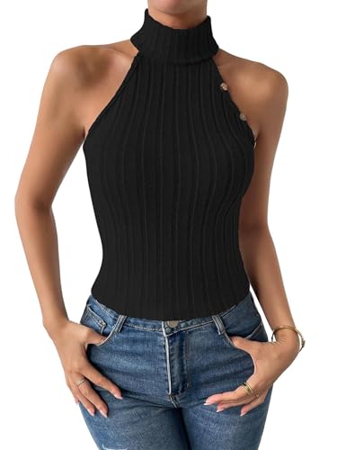 Ärmellose Tops gestrickt für Frauen High Neck Tank Top Turtleneck Stretchable Fitted Crop Top Sommer Strickpullover Vest,XL,schwarz von SMIUPIN