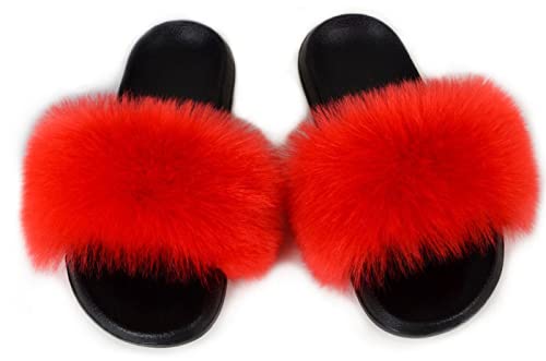 SMIUPIN Mode Damen Pelz Flats Slides Sandalen Hausschuhe Furry Fuzzy Cozy Open Toe Fluffy Slides Slippers Fur Feather Slip On Schuhe,36-37,red von SMIUPIN