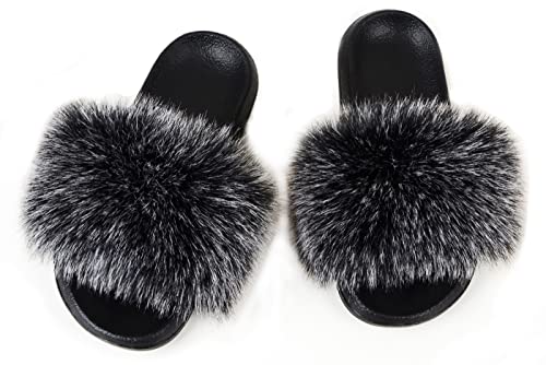 SMIUPIN Mode Damen Pelz Flats Slides Sandalen Hausschuhe Furry Fuzzy Cozy Open Toe Fluffy Slides Slippers Fur Feather Slip On Schuhe,38-39,black&gray von SMIUPIN
