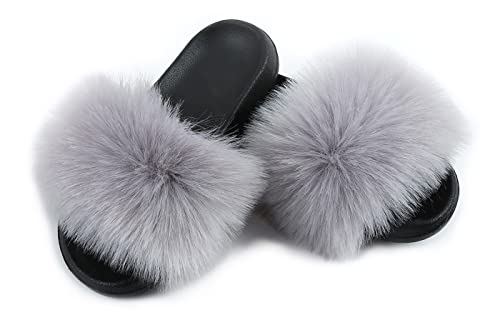 SMIUPIN Mode Damen Pelz Flats Slides Sandalen Hausschuhe Furry Fuzzy Cozy Open Toe Fluffy Slides Slippers Fur Feather Slip On Schuhe,38-39,gray von SMIUPIN