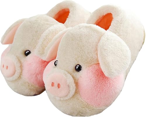 SMIUPIN Unisex Tier Schwein Plüsch Hausschuhe Frauen Männer flauschig pelzige Schuhe Winter warm Fuzzy Slipper,35-36,Beige Schuhe von SMIUPIN