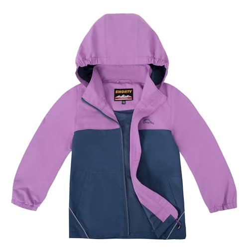 SMONTY Kinder Regenjacke Winddicht und Wasserdicht mit Kapuze Softshelljacke Jungen Mädchen Outdoorjacke Atmungsaktiv zum Wandern, Radfahren und Laufen(Purpur Grau, 134-140) von SMONTY