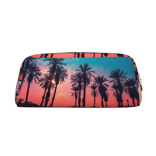 Federmäppchen aus Leder, Motiv: Palme, Sonnenuntergang, geräumig und stilvoll, mit Reißverschluss, für Bürogebrauch von SMSJTMWHN