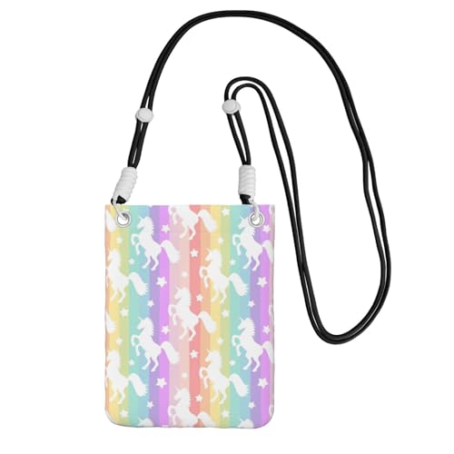 Kleine Umhängetasche, trägt eine Handytasche, diagonal, Einhörner auf bunten Streifen, Mini-Schultertasche, Geldbörse, Smartphone-Geldbörse von SMSJTMWHN