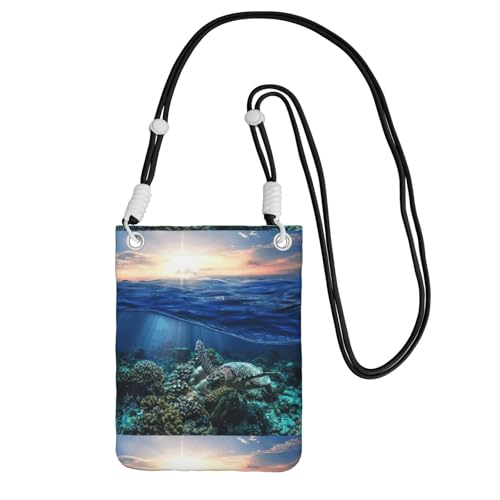Kleine Umhängetasche, trägt eine Handytasche, diagonal, Meeresschildkröte, schwebt nach oben und über Koralle, Mini-Schultertasche, Geldbörse, Smartphone-Geldbörse von SMSJTMWHN
