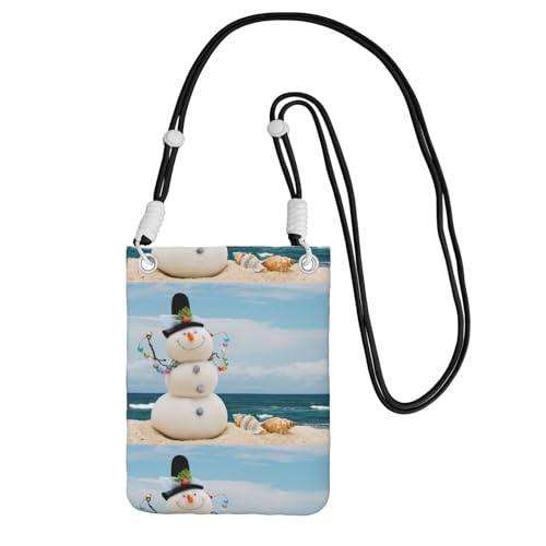 Kleine Umhängetasche, trägt eine Handytasche, diagonal, Schneemann mit Muscheln, die am Sandstrand sitzen, Mini-Schultertasche, Geldbörse, Smartphone-Geldbörse von SMSJTMWHN