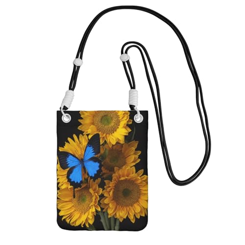Kleine Umhängetasche, trägt eine Handytasche, diagonal, gelbe Sonnenblumen mit blauen Schmetterlingen, Mini-Schultertasche, Geldbörse, Smartphone-Geldbörse von SMSJTMWHN