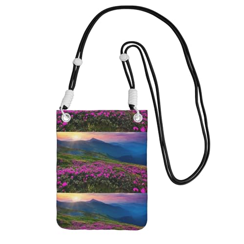 Kleine Umhängetasche, zum Tragen einer Handytasche, diagonal, Natur, Lila, Blumen, Wiese, Berg, malerische Mini-Schultertasche, Geldbörse, Smartphone-Geldbörse von SMSJTMWHN