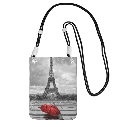 Kleine Umhängetasche, zum Tragen einer Handytasche, diagonal, Paris-Turm mit rotem Regenschirm, Mini-Schultertasche, Smartphone-Geldbörse von SMSJTMWHN