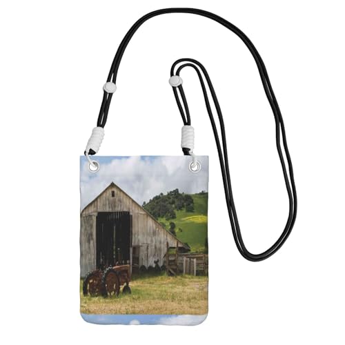 Kleine Umhängetasche, zum Tragen einer Handytasche, diagonal, alte Holzscheune mit verrostetem Traktor, Mini-Schultertasche, Geldbörse, Smartphone-Geldbörse von SMSJTMWHN