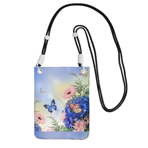 Kleine Umhängetasche, zum Tragen einer Handytasche, diagonal, blauer Schmetterling und Blumen, Mini-Schultertasche, Geldbörse, Smartphone-Geldbörse von SMSJTMWHN