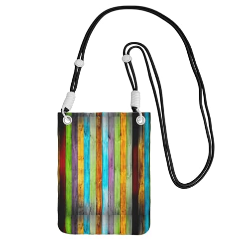 Kleine Umhängetasche, zum Tragen einer Handytasche, diagonal, bunte Holzbretter, Mini-Schultertasche, Geldbörse, Smartphone-Geldbörse von SMSJTMWHN