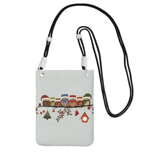 Kleine Umhängetasche, zum Tragen einer Handytasche, diagonal, niedliche Weihnachts-Eulen auf Ast, Mini-Schultertasche, Geldbörse, Smartphone-Geldbörse von SMSJTMWHN